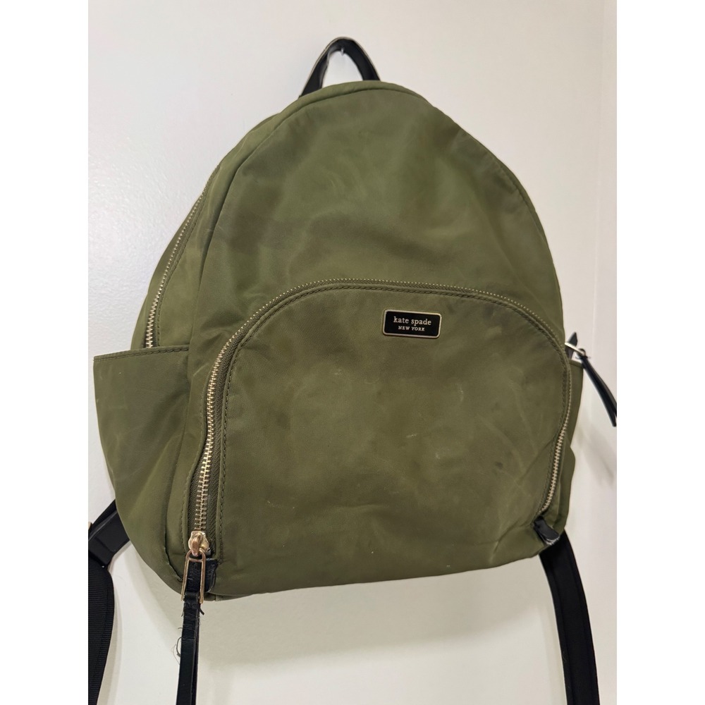 Kate Spade New York Olive Green Nylon Backpack Gold Hardware Large Front Pocket